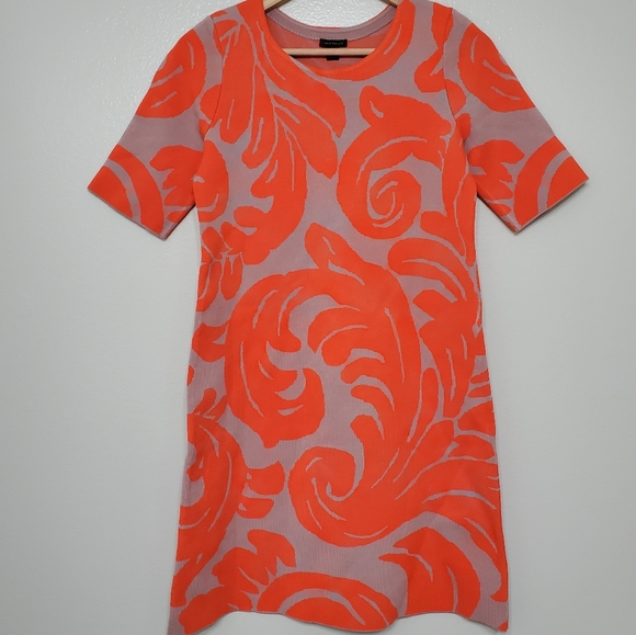Ann Taylor Paisley Fan Leaf Shift Sweater Orange Red Dress - Picture 2 of 6